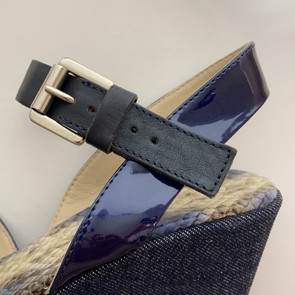 AGL 👡 PLATFORM WEDGE SANDALS denim and NAVY patent leather with wide strap - Picture 12 of 12